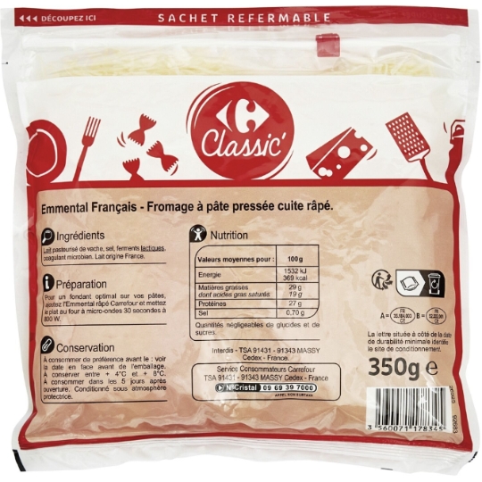 Fromage Râpé : Emmental, Mozzarella,Gouda CARREFOUR CLASSIC' : le sachet de  200g à Prix Carrefour