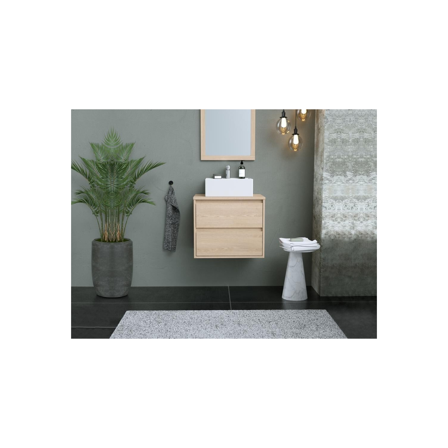 Meuble sous-lavabo suspendu salle de bain chêne marron 2 tiroirs + miroir -  largeur 60 cm, hauteur 45 cm