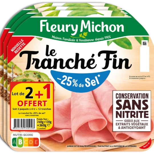Le Jambon de Paris (- 25 % de Sel) Lot de 2 x 4 + 2 Gratuites = 10 Tranches  - Fleury Michon - 400 g