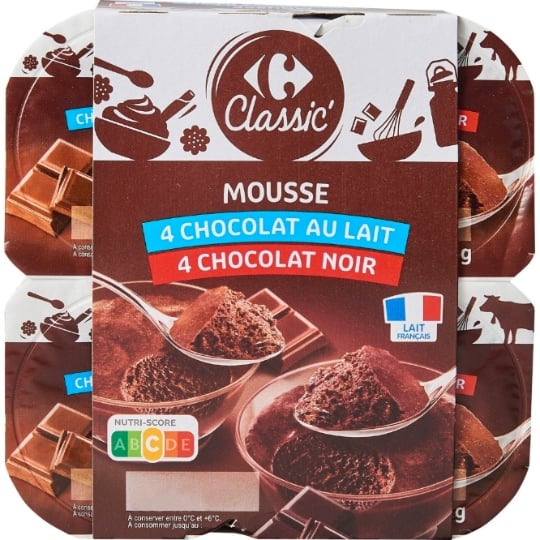 Mousse chocolat au lait CARREFOUR CLASSIC' : les 4 pots de 60g à